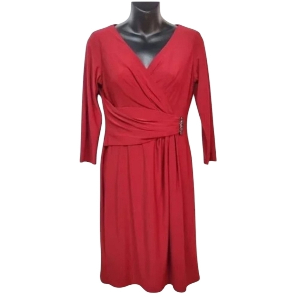 Chaps Women's Burgundy Red Faux Wrap V-Neck Stretch Dress Size PM NWT